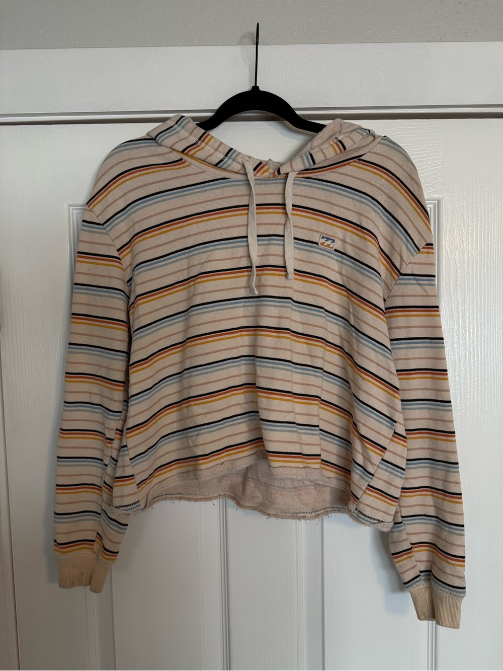 Striped Cropped Hoodie Sweater - Beige with Multicolor Stripes